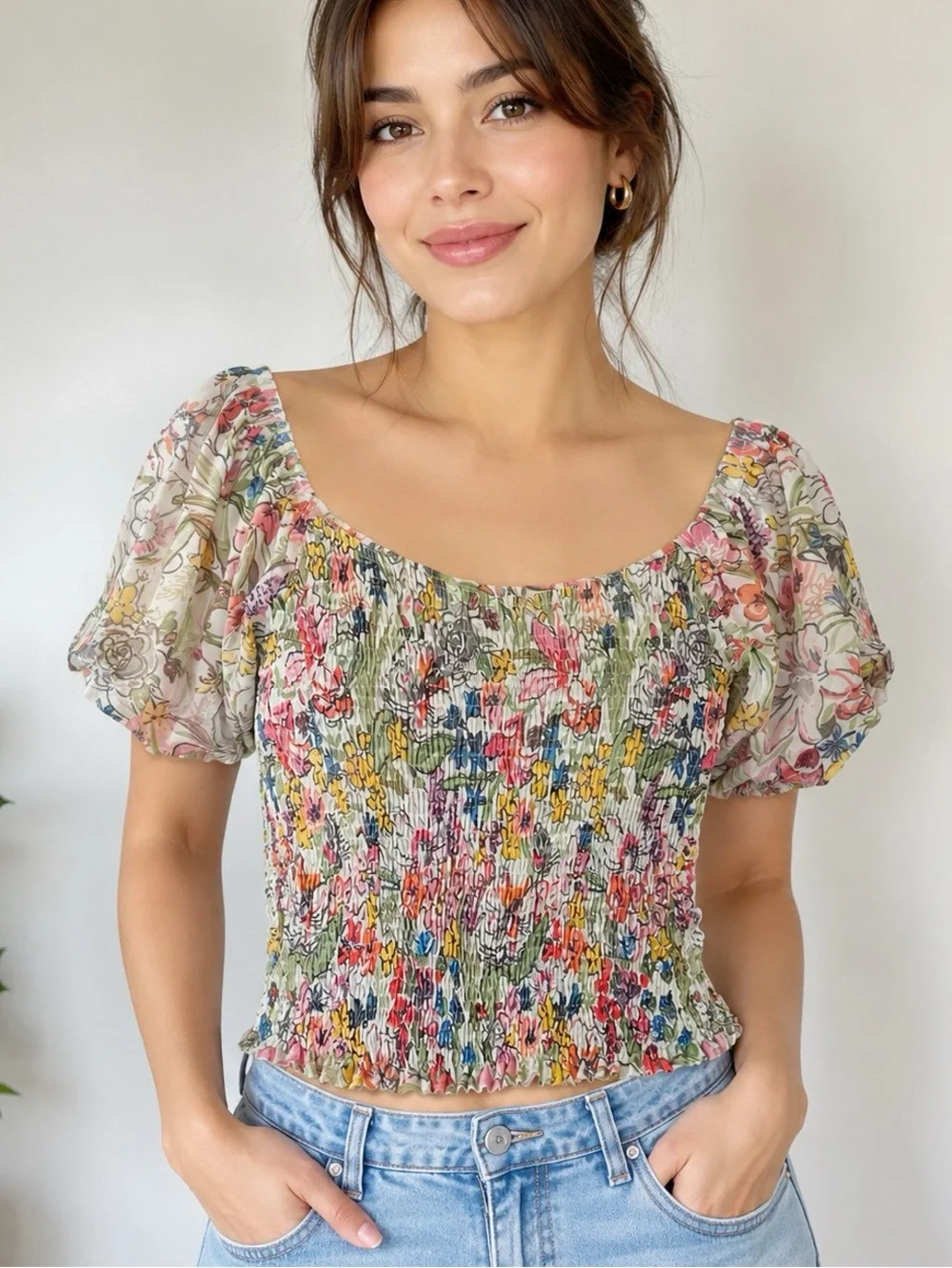 Anthropologie Floral Smocked Puff-Sleeve Top — Multicolor